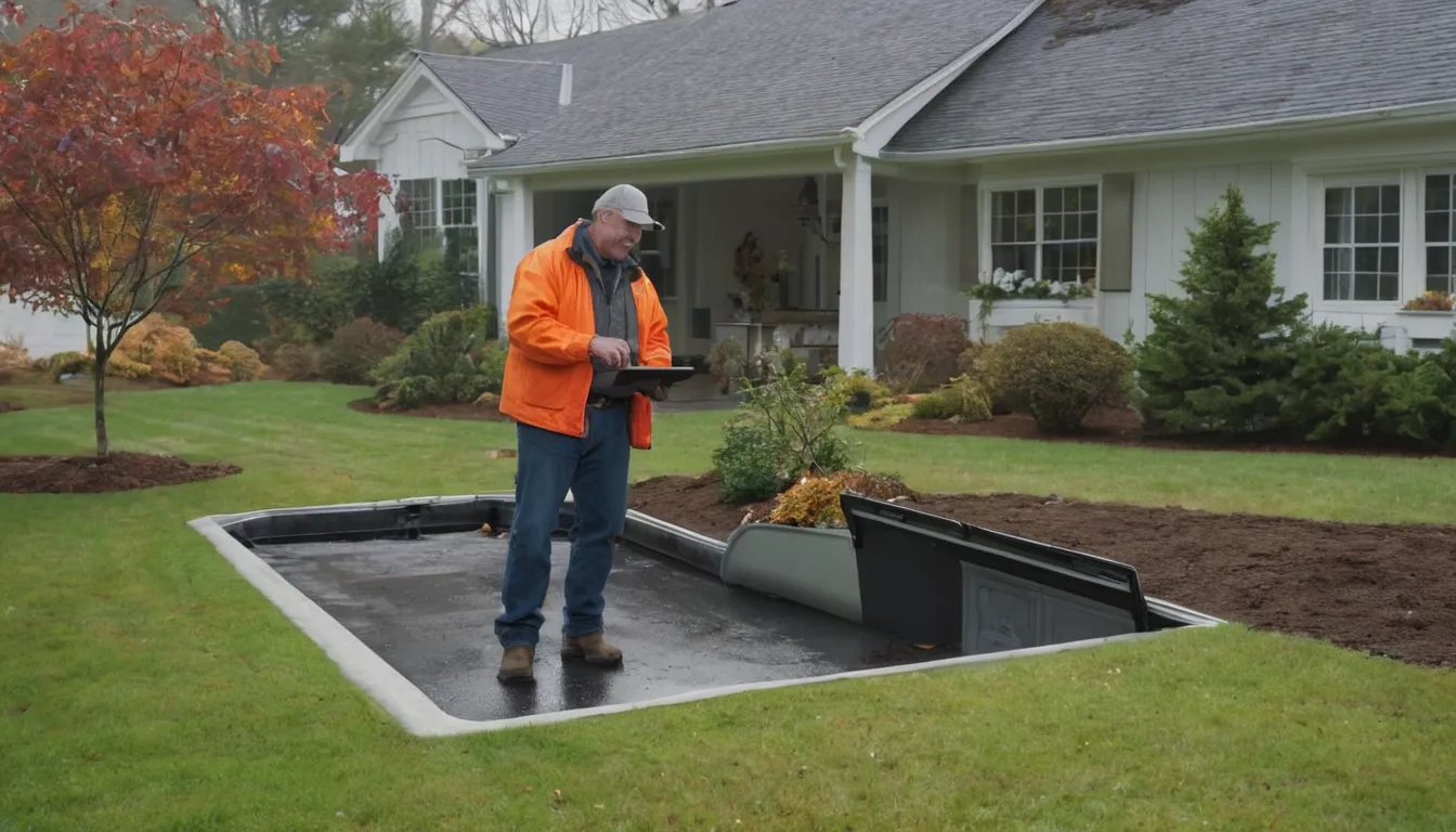 A friendly septic provider and a homeowner reviewing a repair plan beside an open yard access lid near Beverly